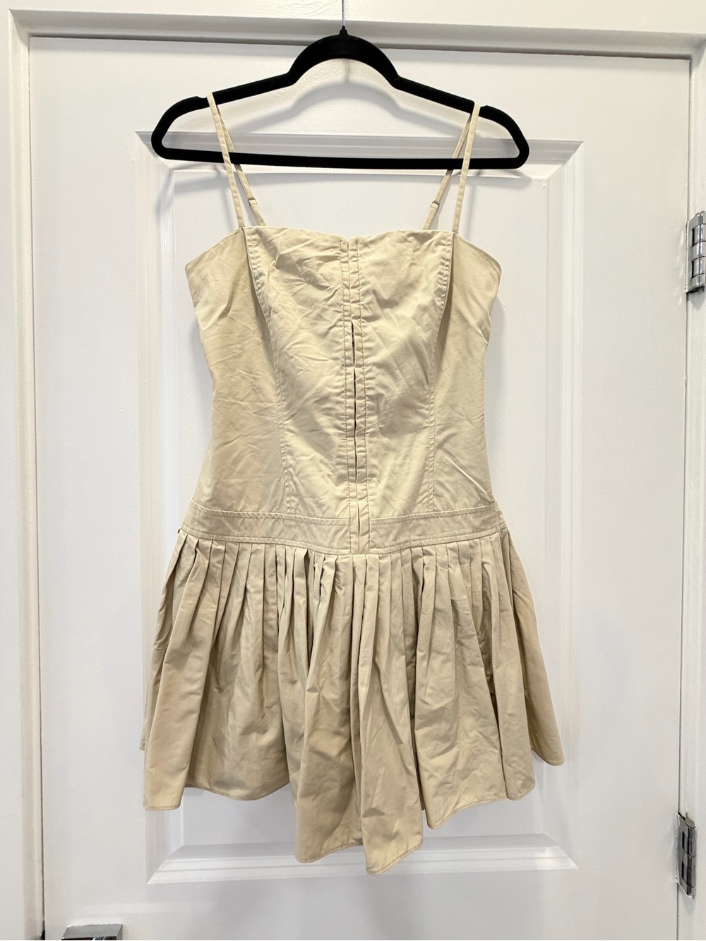 Cream Pleated Spaghetti-Strap Mini Dress with Fitted Bodice